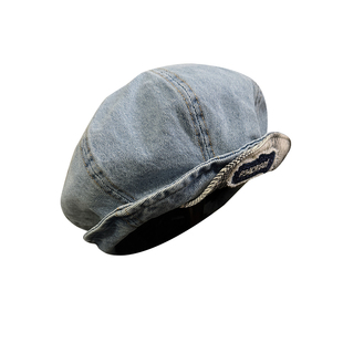 韩系复古百搭牛仔双帽檐翻檐贝雷帽女春秋季百搭显脸小云朵画家帽