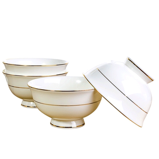 碗10个装 唐山金边骨瓷碗高脚碗4.5英寸米饭碗家用6英寸面碗汤碗