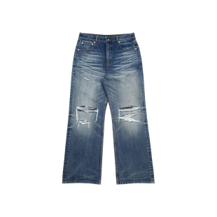 【绿标】haonanhuang 破坏100%牛皮补丁洗水猫须蜂窝宽松牛仔长裤