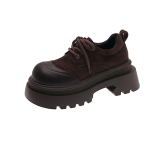 实拍现货磨砂皮英伦风厚底乐福鞋女系带圆头百搭增高鞋松糕鞋女