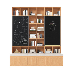 政补实木卡座书柜一体去客厅化橡木色推拉式带黑板墙整墙展示柜子