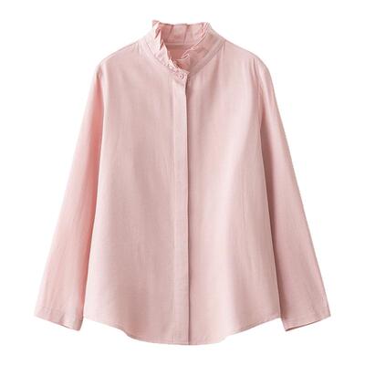 梭家｜明明就喜欢｜文艺复古木耳边立领两色长袖衬衫女休闲上衣
