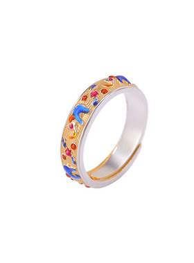 山予棠足银999描金滴油工艺大象国潮风手工活口可调哑光指环戒指