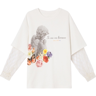 URLAZH有兰秋季新款潮个性设计感白色拼接纱袖圆领打底短袖T恤女