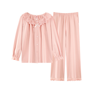 芬腾女士睡衣春秋季纯棉开衫长袖长裤套装女款休闲大码秋天家居服