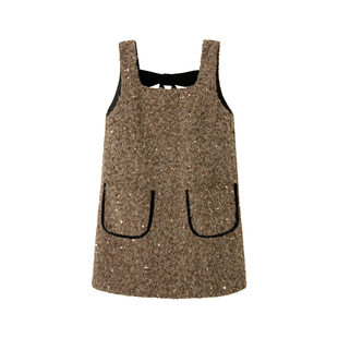 【黛色回忆录】Uena棕色亮片粗花毛呢后背绑带蝴蝶结领背带连衣裙