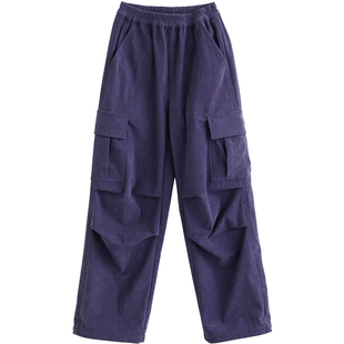 诺诺公主S1N初中生美式灯芯绒工装裤女春秋直筒褶皱设计感长裤子