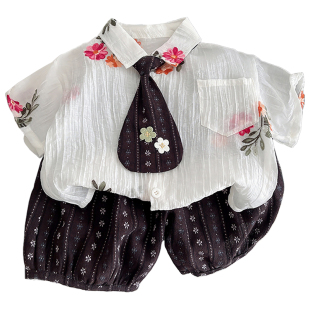 男童夏季薄款花朵刺绣领带衬衫两件套装洋气帅酷短袖短裤透气潮流