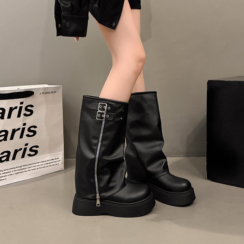 小个子厚底增高长靴女2025秋季新款不过膝高筒堆堆靴松糕底骑士靴