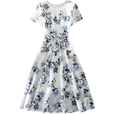 夏装新款高端气质优雅女装中长款显瘦A字裙短袖印花蕾丝连衣裙子