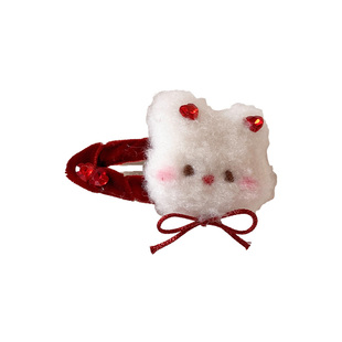 可爱毛绒小兔子红色发夹边夹侧边刘海bb夹子女高级感儿童新年头饰