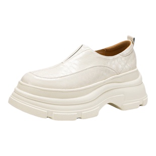 8cm厚底显瘦单鞋女高跟防水台乐福鞋圆头真皮米白色懒人松糕女鞋