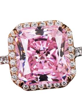 PT950铂金进口D色莫桑石莫桑石女超大奢华粉钻戒指公主方冰糖指环