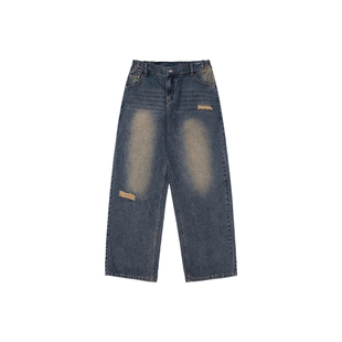 BODYDREAM破洞猫须牛仔裤男喷马骝水洗裤子挺阔腿裤做旧渐变长裤