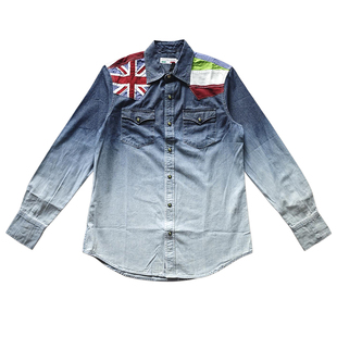 HYDROGEN春秋款衬衫刺绣长袖衬衣休闲时尚纯棉修身上衣国旗刺绣