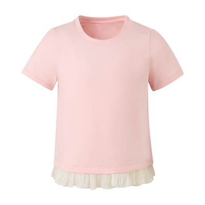 Little Naive女童夏季新款T恤光泽花边宽松短袖儿童拼接凉感上衣