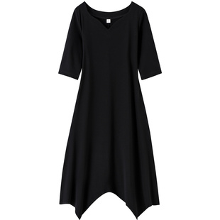 黑色连衣裙a字大码遮跨显瘦五分袖中长裙设计感不规则下摆小黑裙