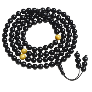 收藏级天然黑曜石108颗佛珠手链隔珠金虎眼素珠款多圈手串男女士