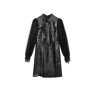 佧茜文潮流冬季新品新中式亮片羽毛盘扣立领旗袍裙显瘦遮肉连衣裙