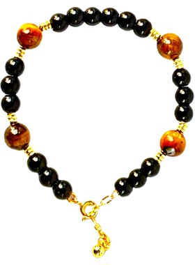 天然黑曜石手串女款 虎眼石搭配18k金  轻奢精致 手串情人节礼物