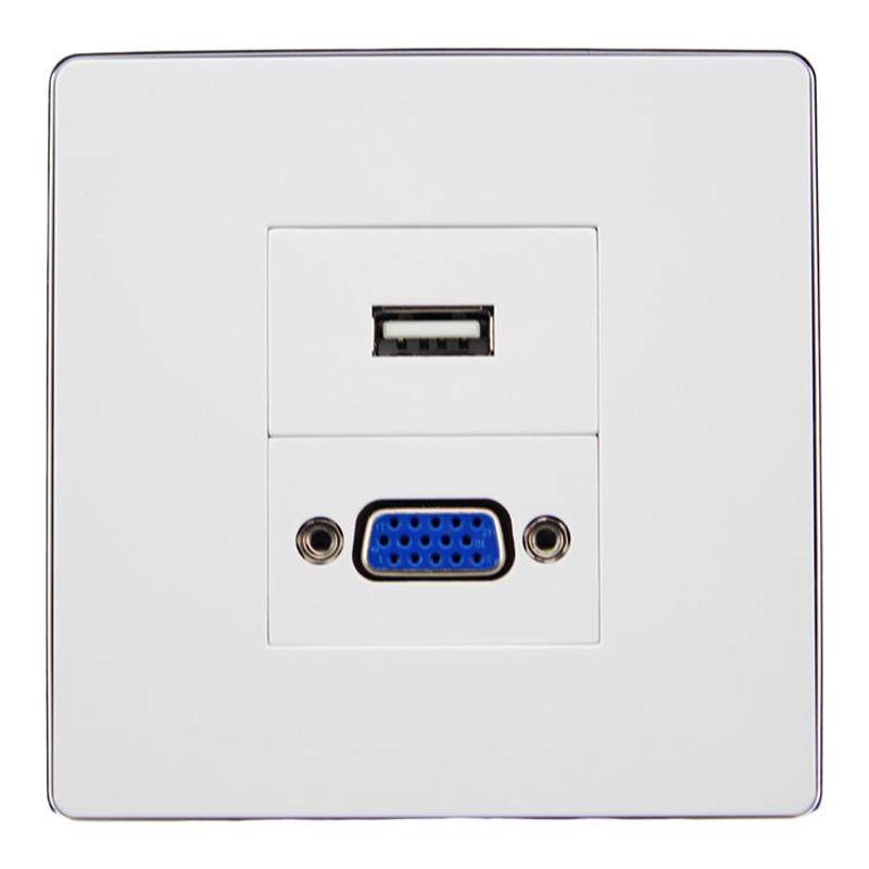 银边86型免焊接VGA+USB数据开关插座面板USB数据线多媒体墙壁插座