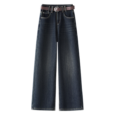 深蓝色加绒阔腿牛仔裤女秋冬2025新款高端复古加厚九分裤直筒裤子