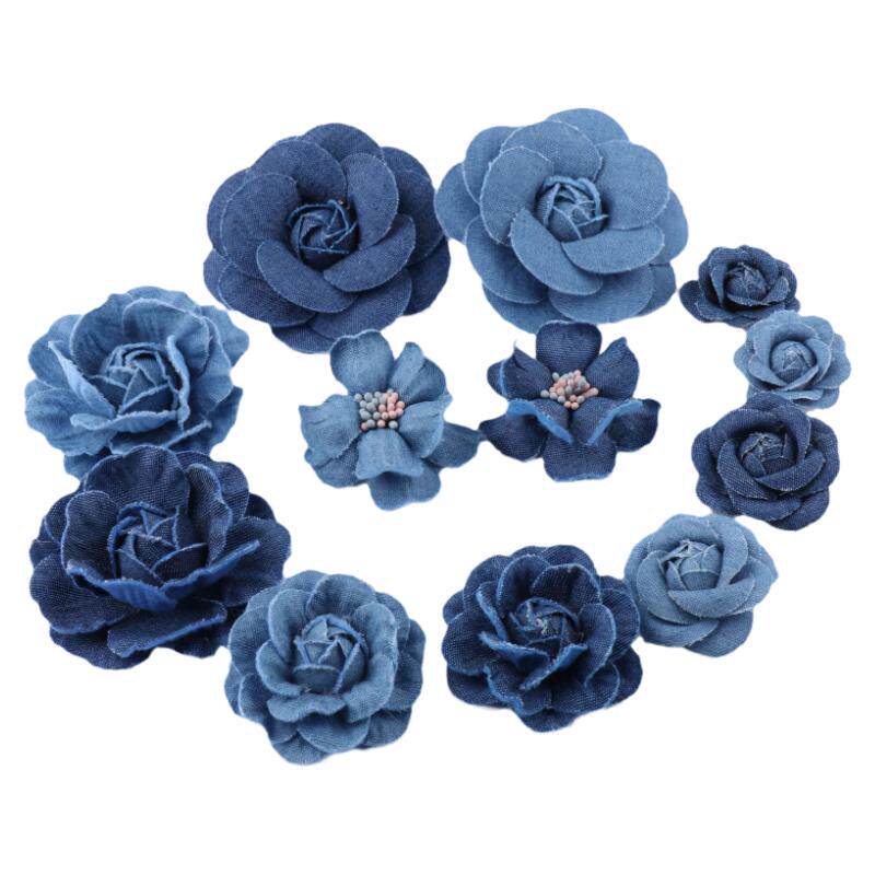 牛仔布山茶花玫瑰花布艺花朵 diy手工发饰材料半成品饰品配件辅料