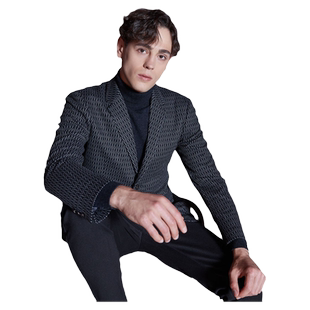 【清仓】古鲨冬装新男士黑白花纹高级雅痞潮流小众韩版修身西服