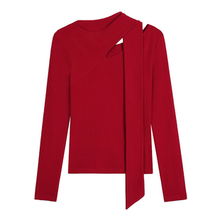 MULVAN 匿名心动 镂空飘带斜领长袖t恤女针织打底衫修身内搭上衣