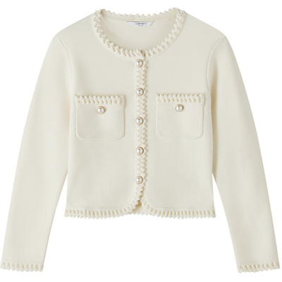 LK BENNETT米色针织开衫女2025秋新款绵羊毛小香风花边领口短外套