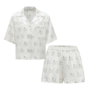 Not Just Pajama钻石小狗短袖镶钻真丝睡衣女款套装桑蚕丝家居服