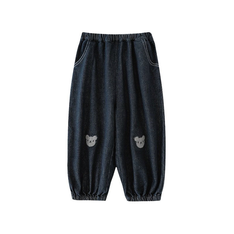 幼悠儿童小熊贴布绣标弹力宽松收束脚口牛仔裤秋季新款男童潮裤子