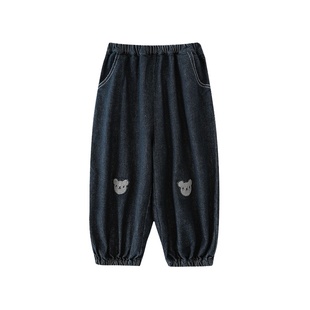 幼悠儿童小熊贴布绣标弹力宽松收束脚口牛仔裤秋季新款男童潮裤子