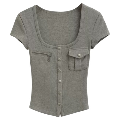 Lovedeath灰色U领口袋拉链T恤