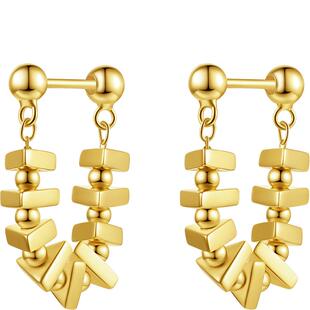 周六福S925银黄金色几何耳饰女耳钉简约小众送女友节日礼物