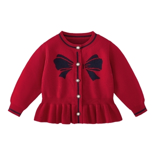 女童毛衣红色毛线衣秋冬保暖宝宝针织衫女孩冬装针织开衫儿童外套
