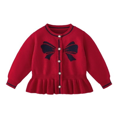 女童毛衣红色毛线衣秋冬保暖宝宝针织衫女孩冬装针织开衫儿童外套