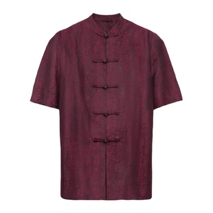 男士唐装夏装新款 精品香云纱立领短袖上衣 中式盘扣真丝男装