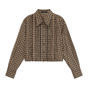 【复古荷叶边抽褶】FF仿佛衬衫女2026春季新款落肩袖格子格纹衬衣