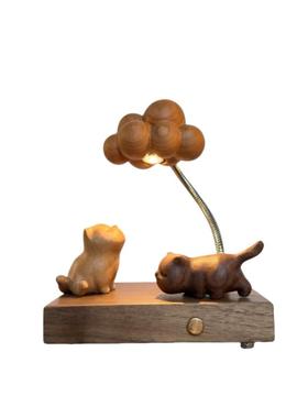 木雕猫咪元素可爱充电小夜灯木质创意礼品原木质实木充电夜灯摆件