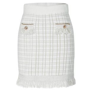 kodice秋冬新款女装白色罗纹收腰格纹流苏半身裙子直筒半裙时尚