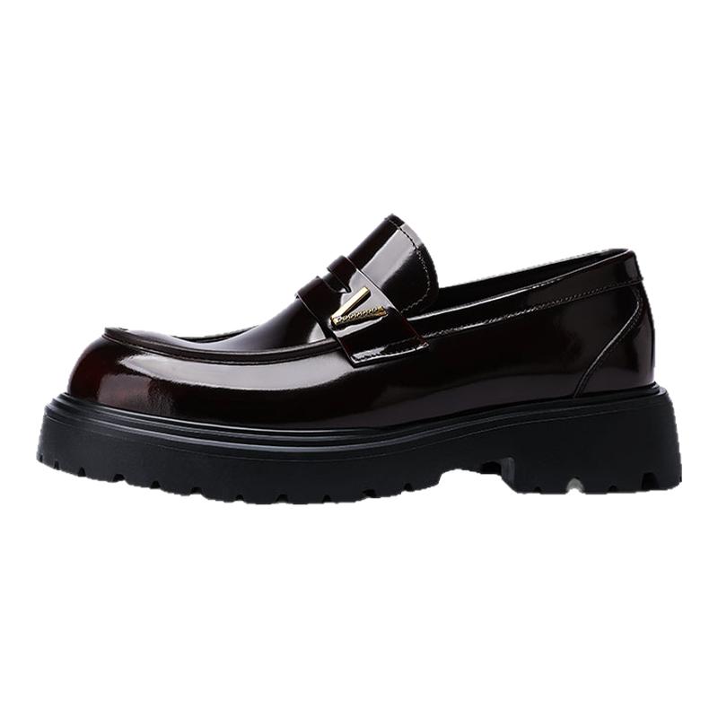 U7男士皮鞋2025新款高端酒红色真皮厚底一脚蹬德比鞋商务正装皮鞋