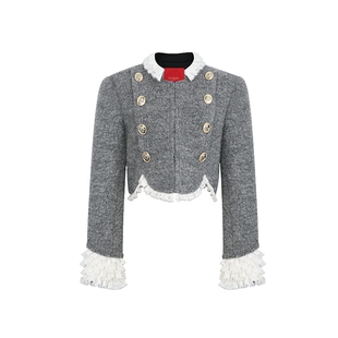 lefame拉飞姆秋冬时尚压褶荷叶边双排扣军旅风法式外套上衣女