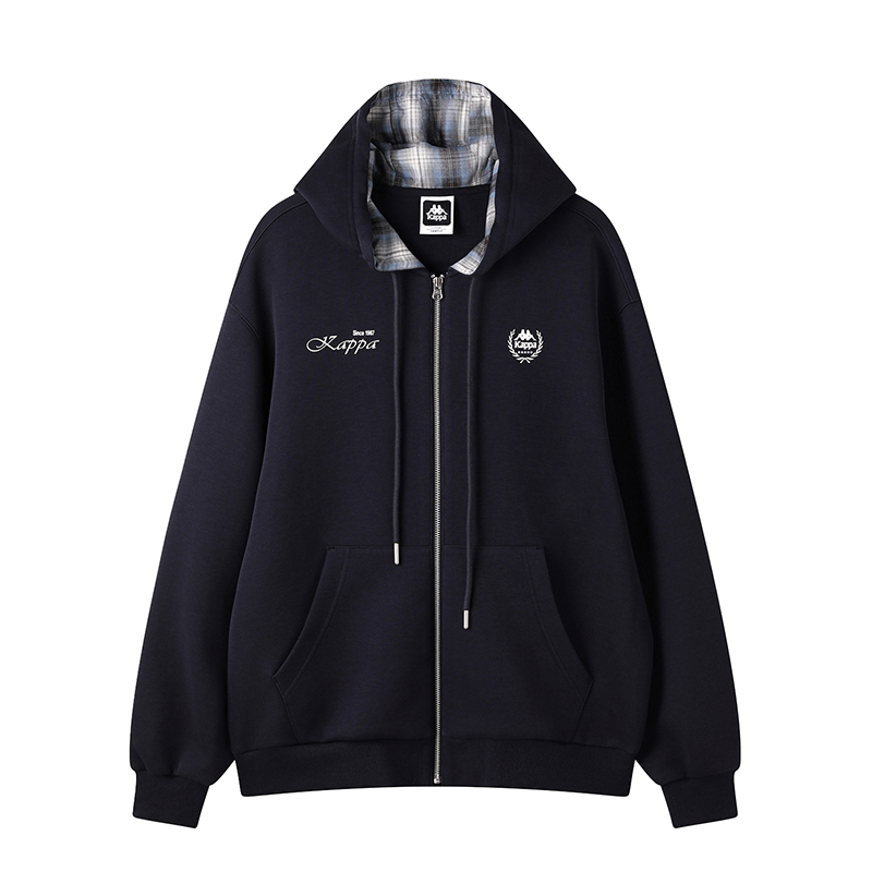 Kappa卡帕 美式复古格纹连帽卫衣外套女冬新款设计感帽衫时尚上衣