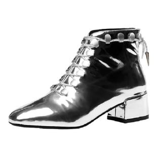 金色银色漆皮粗跟马丁靴走秀舞台模特比赛小码短靴T台小黑靴踝靴