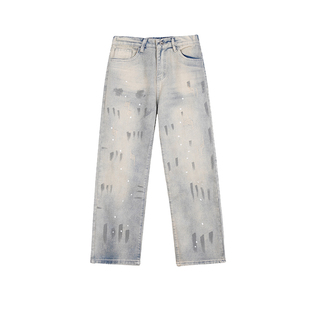 美式泼墨扎染弯刀牛仔裤男秋冬加绒水洗潮牌宽松直筒阔腿微喇裤子