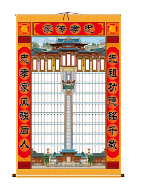 老式布料家谱轴子挂画家堂祖影