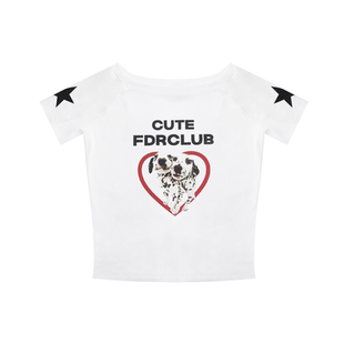 FDR官方店 爱心小狗辣妹斜肩短袖t恤女夏季露肩网眼拼接上衣球衣