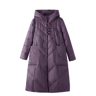 TENAX 2025冬款宽松大码中年妈妈新中式国风鸭绒连帽中长款羽绒服