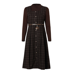 海青蓝 连衣裙女2025新款冬长袖针织打底衫女装格子高级两件套裙